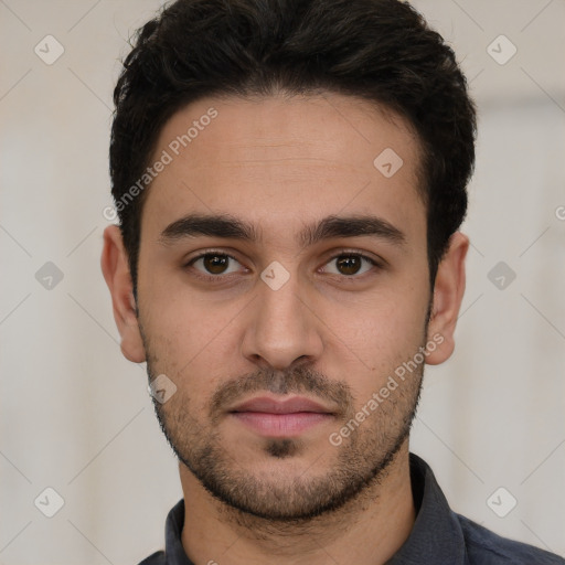 Neutral white young-adult male with short  brown hair and brown eyes