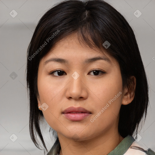 Neutral asian young-adult female with medium  brown hair and brown eyes