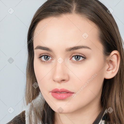 Neutral white young-adult female with long  brown hair and brown eyes