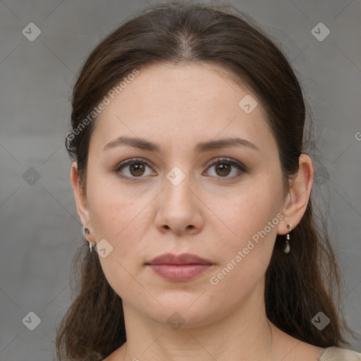 Neutral white young-adult female with medium  brown hair and brown eyes