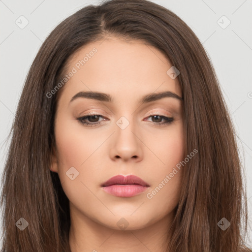 Neutral white young-adult female with long  brown hair and brown eyes