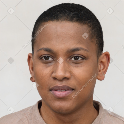Neutral black young-adult female with short  black hair and brown eyes