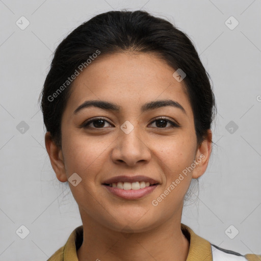 Joyful latino young-adult female with medium  brown hair and brown eyes