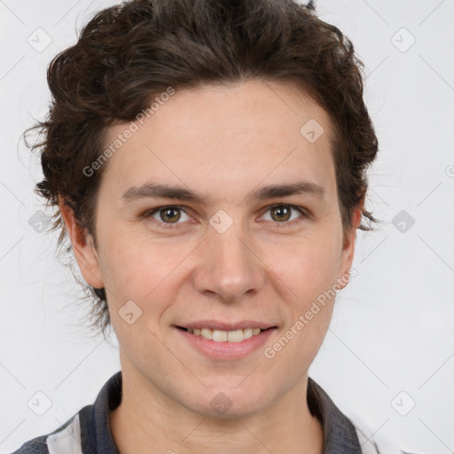 Joyful white young-adult male with medium  brown hair and brown eyes