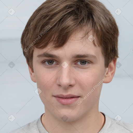 Neutral white young-adult male with short  brown hair and grey eyes