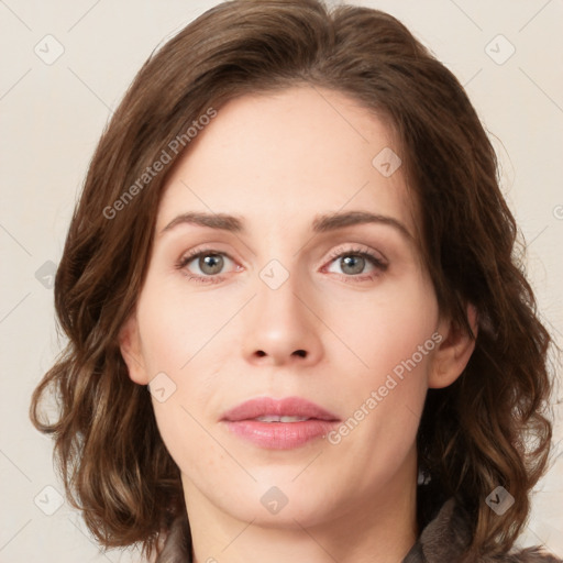 Neutral white young-adult female with medium  brown hair and green eyes