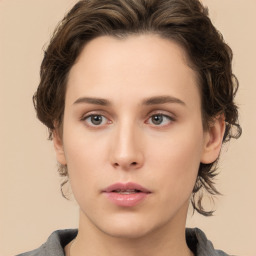 Neutral white young-adult female with short  brown hair and brown eyes