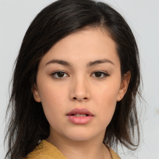 Neutral asian young-adult female with medium  brown hair and brown eyes