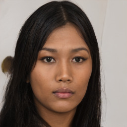 Neutral asian young-adult female with long  black hair and brown eyes