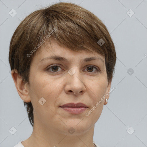 Neutral white adult female with short  brown hair and brown eyes