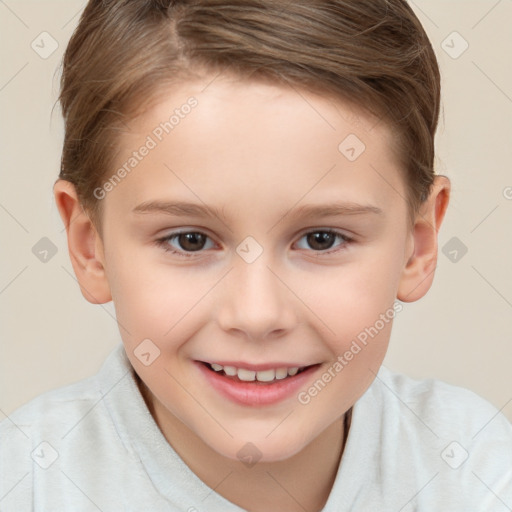 Joyful white child female with short  brown hair and brown eyes