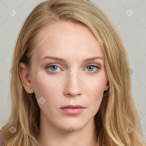 Neutral white young-adult female with long  brown hair and blue eyes