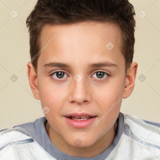 Joyful white child male with short  brown hair and brown eyes