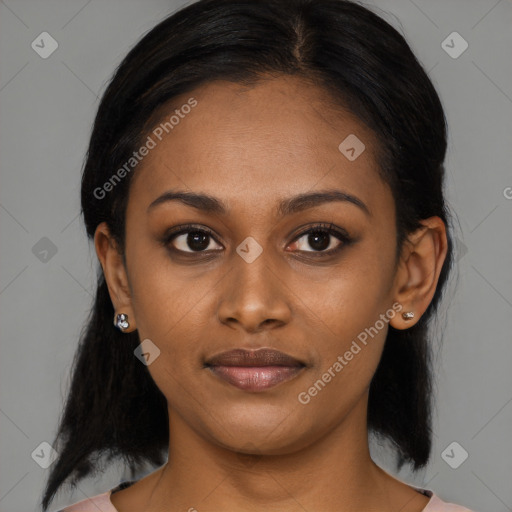 Joyful latino young-adult female with medium  brown hair and brown eyes