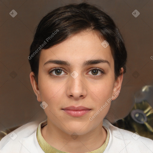 Neutral white young-adult female with medium  brown hair and brown eyes