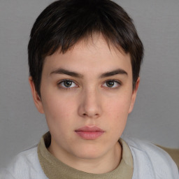 Neutral white young-adult female with short  brown hair and brown eyes