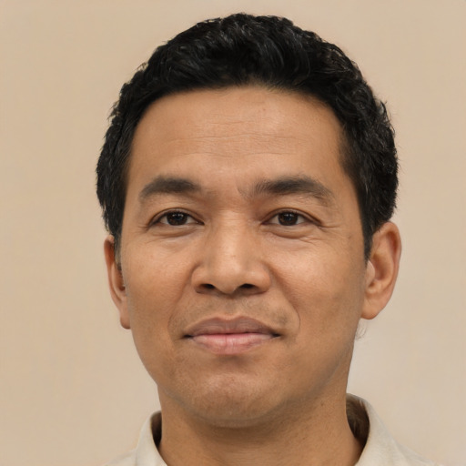 Joyful asian adult male with short  black hair and brown eyes
