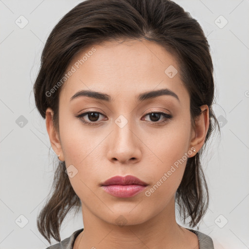 Neutral white young-adult female with medium  brown hair and brown eyes