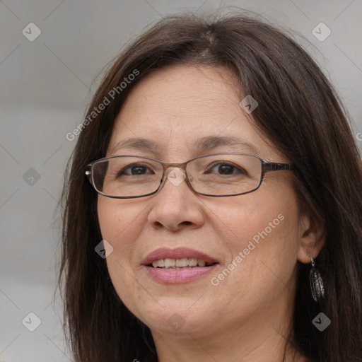 Joyful white adult female with medium  brown hair and brown eyes