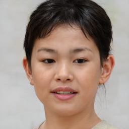 Joyful white child female with short  brown hair and brown eyes