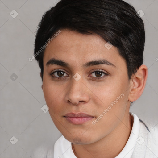 Joyful white young-adult female with short  brown hair and brown eyes