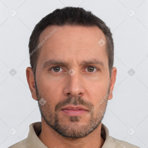 Neutral white adult male with short  brown hair and brown eyes