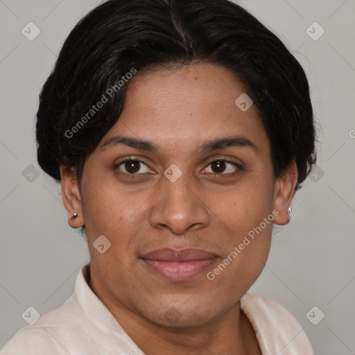 Joyful white adult female with short  brown hair and brown eyes