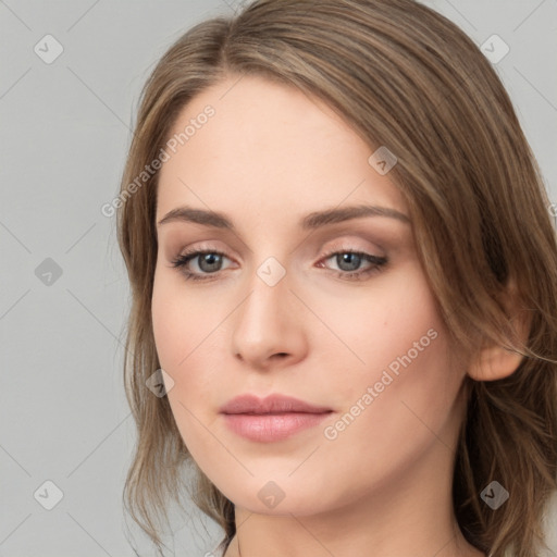 Neutral white young-adult female with long  brown hair and grey eyes