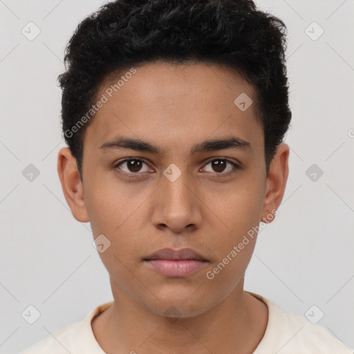 Neutral latino young-adult male with short  brown hair and brown eyes