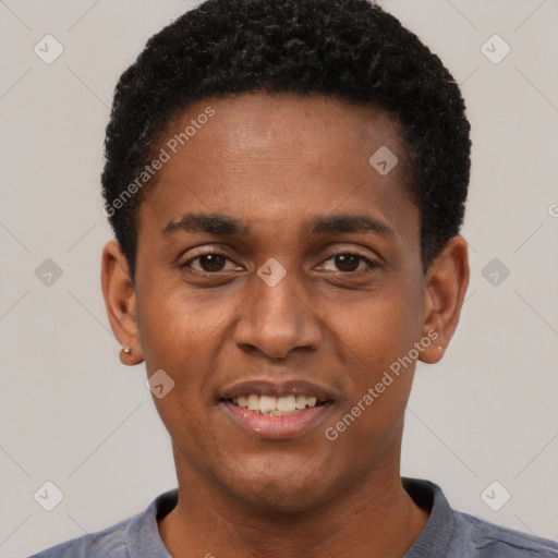 Joyful black young-adult male with short  black hair and brown eyes