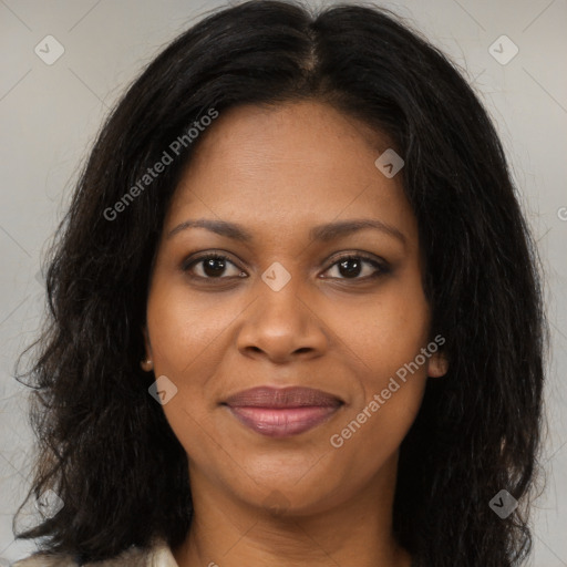 Joyful black young-adult female with medium  brown hair and brown eyes