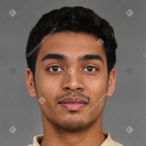 Neutral latino young-adult male with short  brown hair and brown eyes