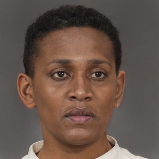 Neutral black adult female with short  brown hair and brown eyes