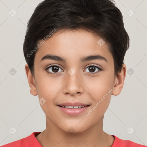 Joyful white child female with short  brown hair and brown eyes