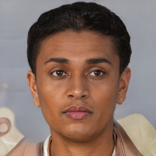 Neutral latino young-adult male with short  brown hair and brown eyes