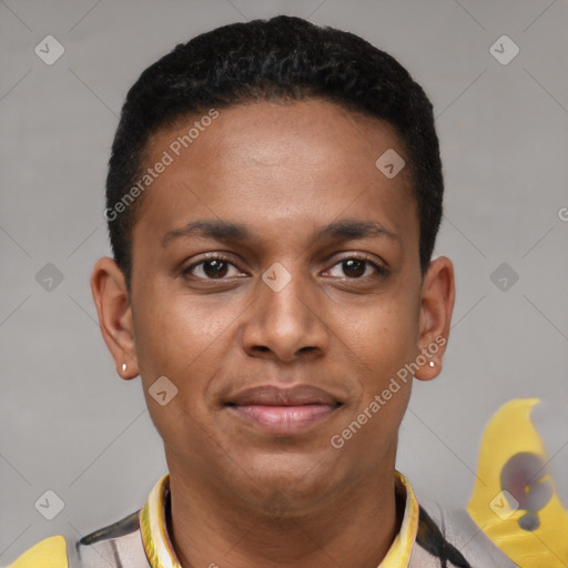 Joyful latino young-adult male with short  brown hair and brown eyes