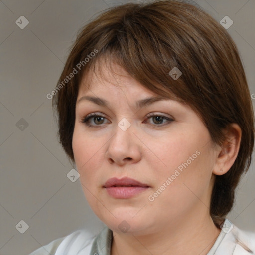 Neutral white young-adult female with medium  brown hair and brown eyes