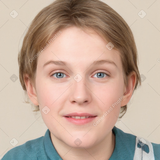 Joyful white young-adult female with short  brown hair and blue eyes