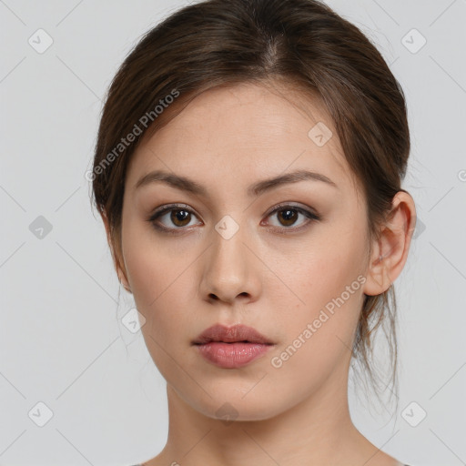 Neutral white young-adult female with medium  brown hair and brown eyes