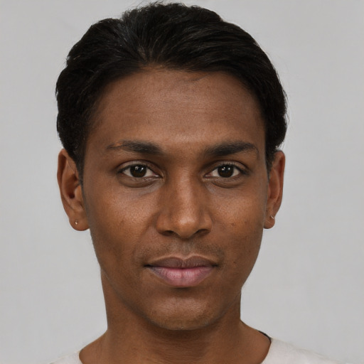 Neutral black young-adult male with short  black hair and brown eyes