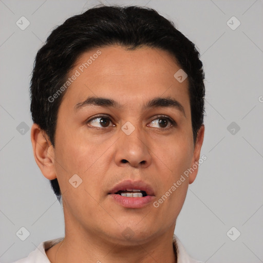 Neutral asian young-adult male with short  black hair and brown eyes