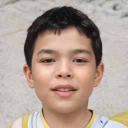 Joyful asian child male with short  brown hair and brown eyes