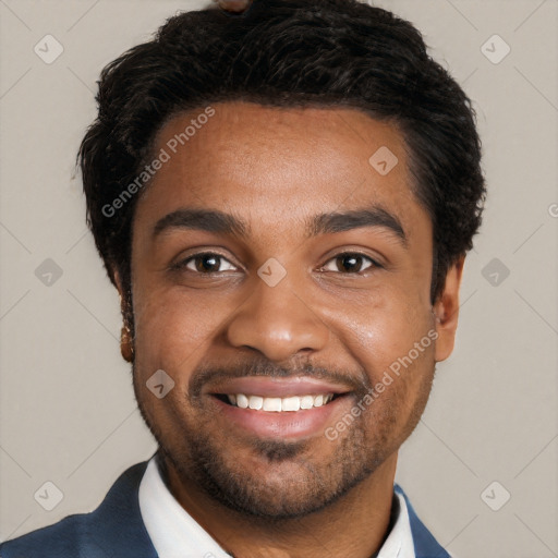 Joyful black young-adult male with short  black hair and brown eyes