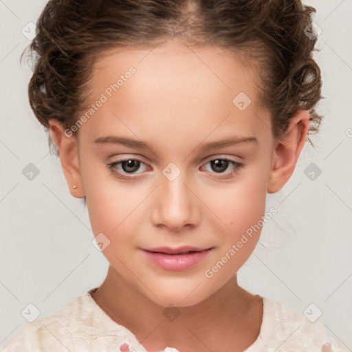 Joyful white child female with short  brown hair and brown eyes