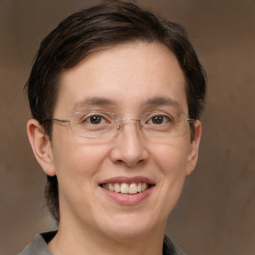 Joyful white adult female with medium  brown hair and brown eyes