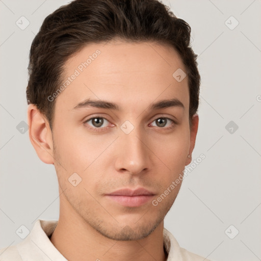 Neutral white young-adult male with short  brown hair and brown eyes