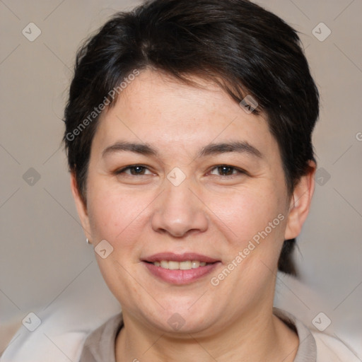 Joyful white adult female with medium  brown hair and brown eyes