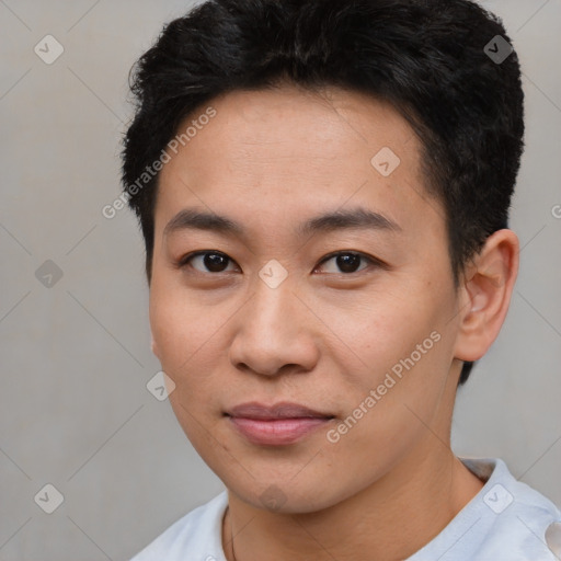 Joyful asian young-adult male with short  brown hair and brown eyes