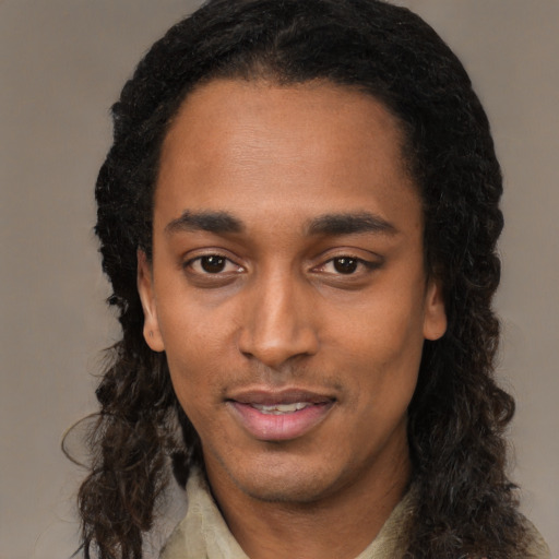 Neutral black young-adult male with long  black hair and brown eyes