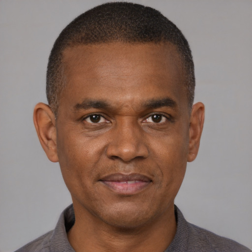 Neutral black adult male with short  brown hair and brown eyes